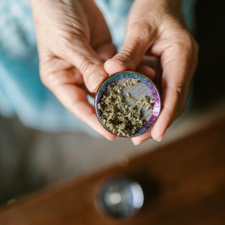 Close-up of hands holding a cannabis grinder filled with marijuana. Ideal for cannabis culture visuals.